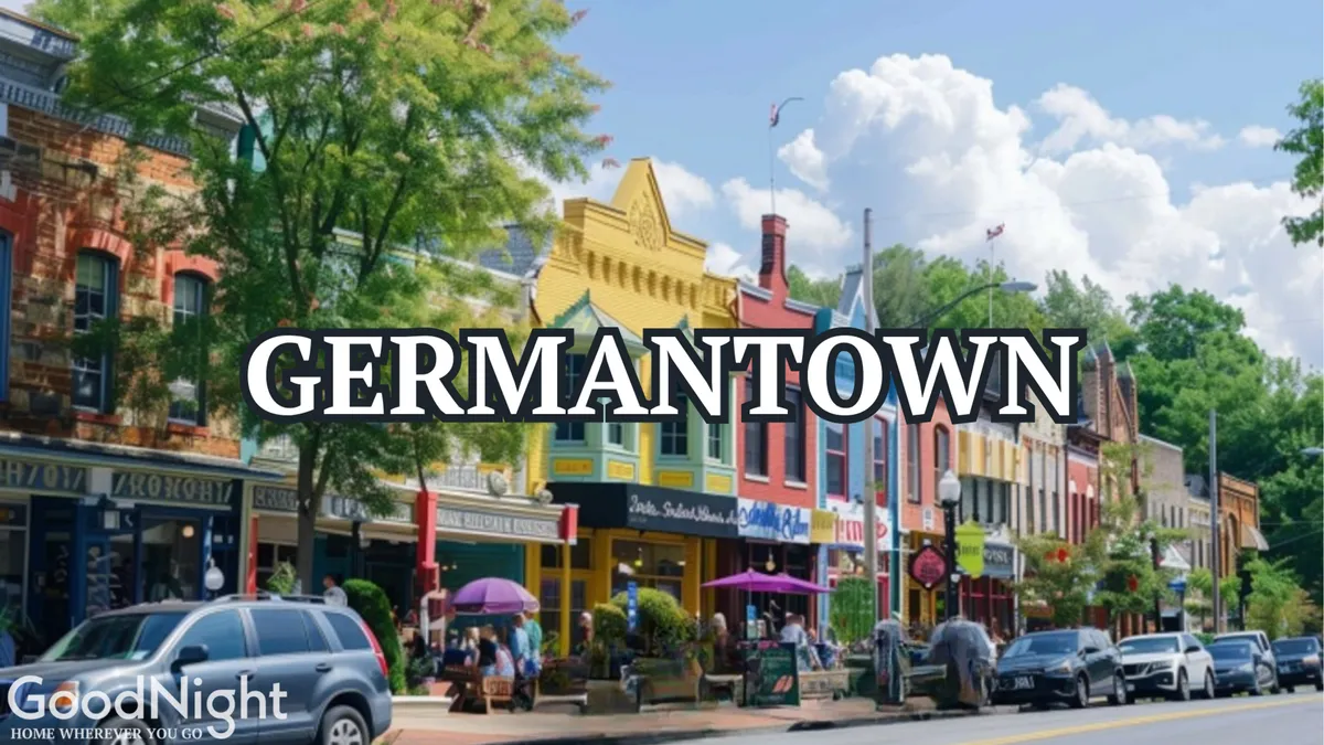 This exterior image captures colorful storefronts, people walking, outdoor seating, and lush green trees, evoking the lively atmosphere of local Nashville neighborhoods like The Nations and Germantown. It visually represents vibrant group-friendly activities such as shopping, dining, and exploring nearby attractions.